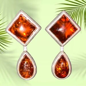Vintage Genuine Baltic Amber & Sterling Silver Teardrop Dangle Earrings | 1”